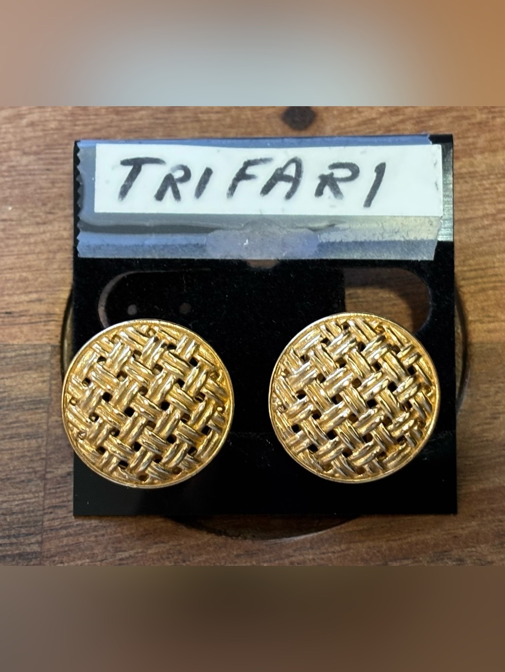 Vintage Trifari Gold Tone Round Basket Weave Clip On Earrings Signed Mid Century